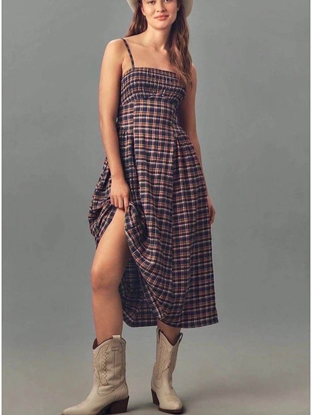 PILCRO Plaid Midi Dress in Blue & Orange Size Large Like New